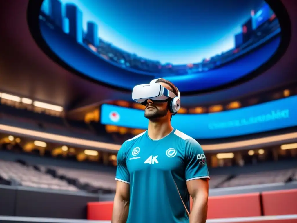 Un jugador de deportes electrónicos inmerso en un juego de realidad virtual, rodeado de hologramas futuristas