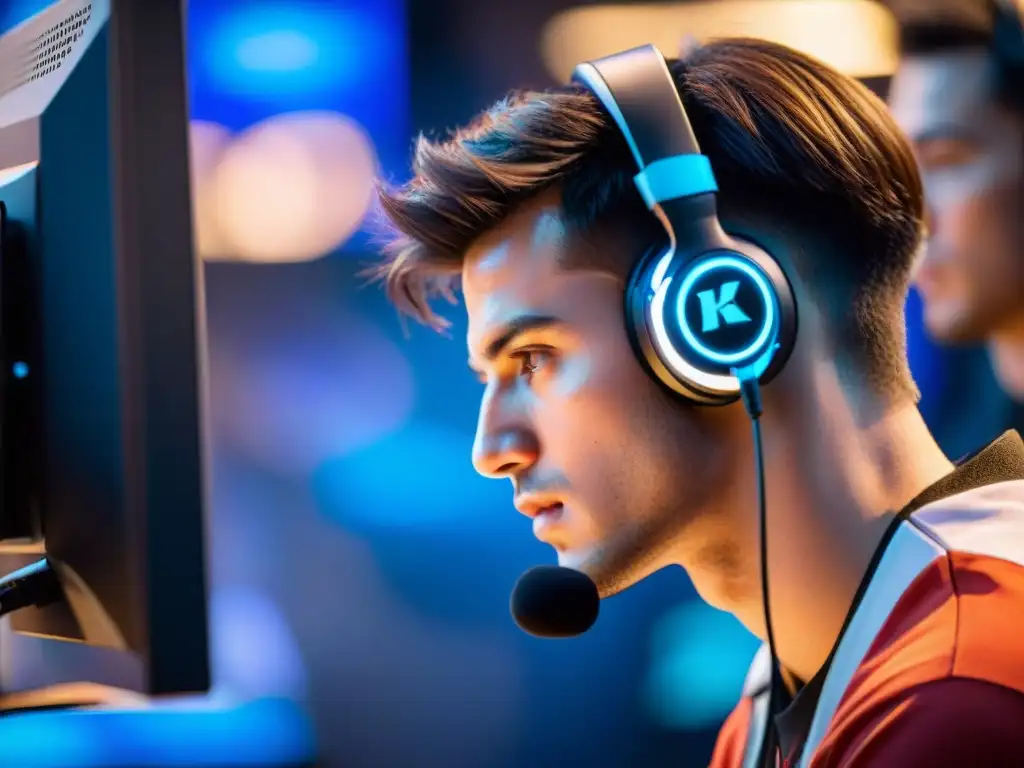 Jugador de eSports en competencia, con enfoque intenso y manos rápidas en un ambiente tenso y emocionante