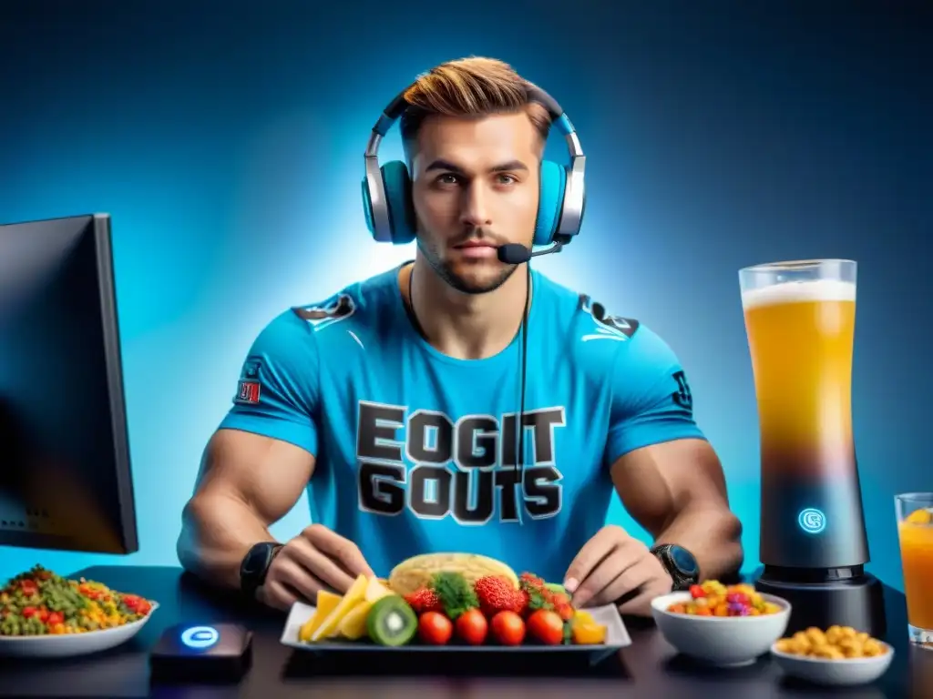 Jugador eSports concentrado con alimentos saludables, monitores y auriculares