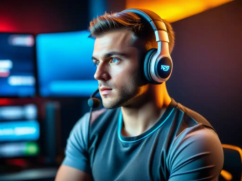 Jugador de eSports concentrado, con auriculares y sudor en la frente, reflejo de pantalla en los ojos