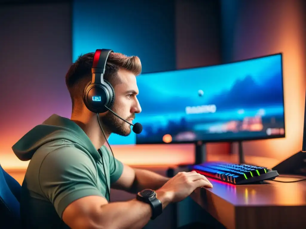 Un jugador de esports concentrado con auriculares y equipo gaming de alta gama, mostrando estrategias psicológicas en videojuegos