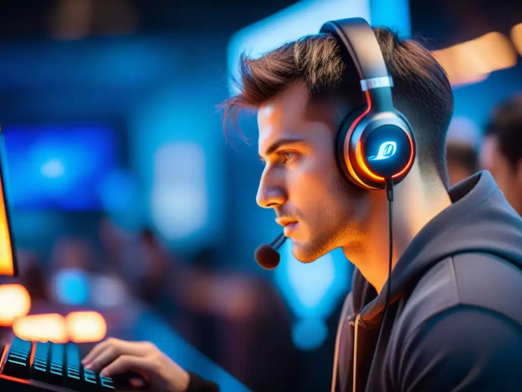 Jugador de eSports concentrado en la competencia, rodeado de espectadores en la arena de juego