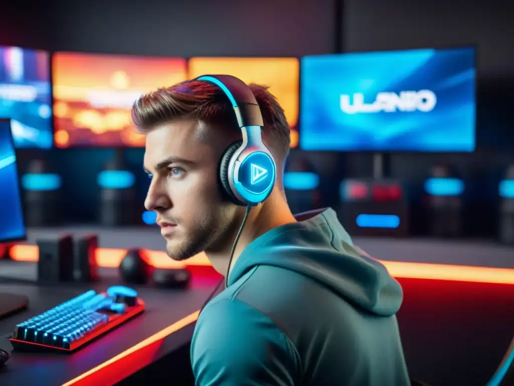 Un jugador de eSports concentrado en su competencia virtual, rodeado de tecnología avanzada y luces LED, en un ambiente futurista