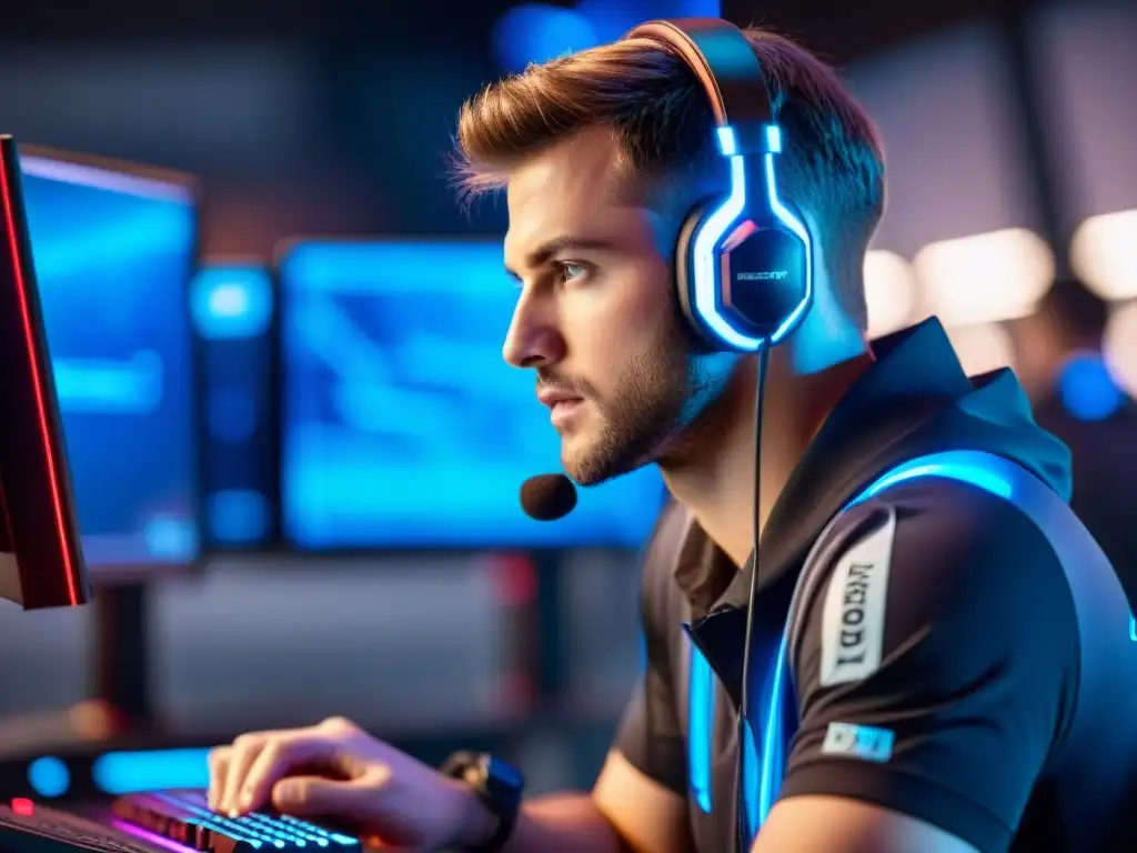 Un jugador de eSports concentrado en un entorno futurista de alta tecnología con algoritmos de inteligencia artificial en acción