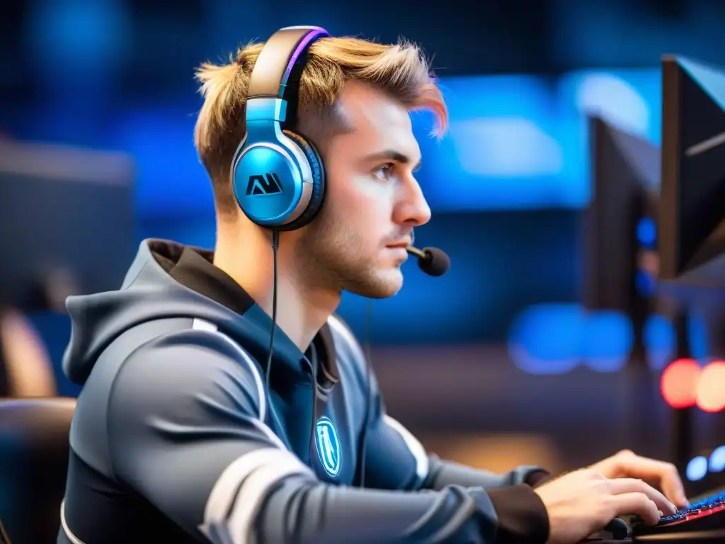 Un jugador de eSports concentrado en su entrenamiento mental, enfrentando al adversario paso a paso en su setup de juego de alta tecnología