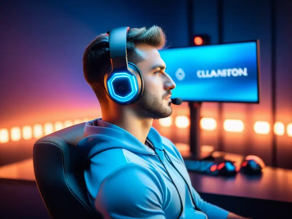 Un jugador de eSports concentrado en entrenamiento mental, rodeado de tecnología avanzada, enfocado en la estrategia