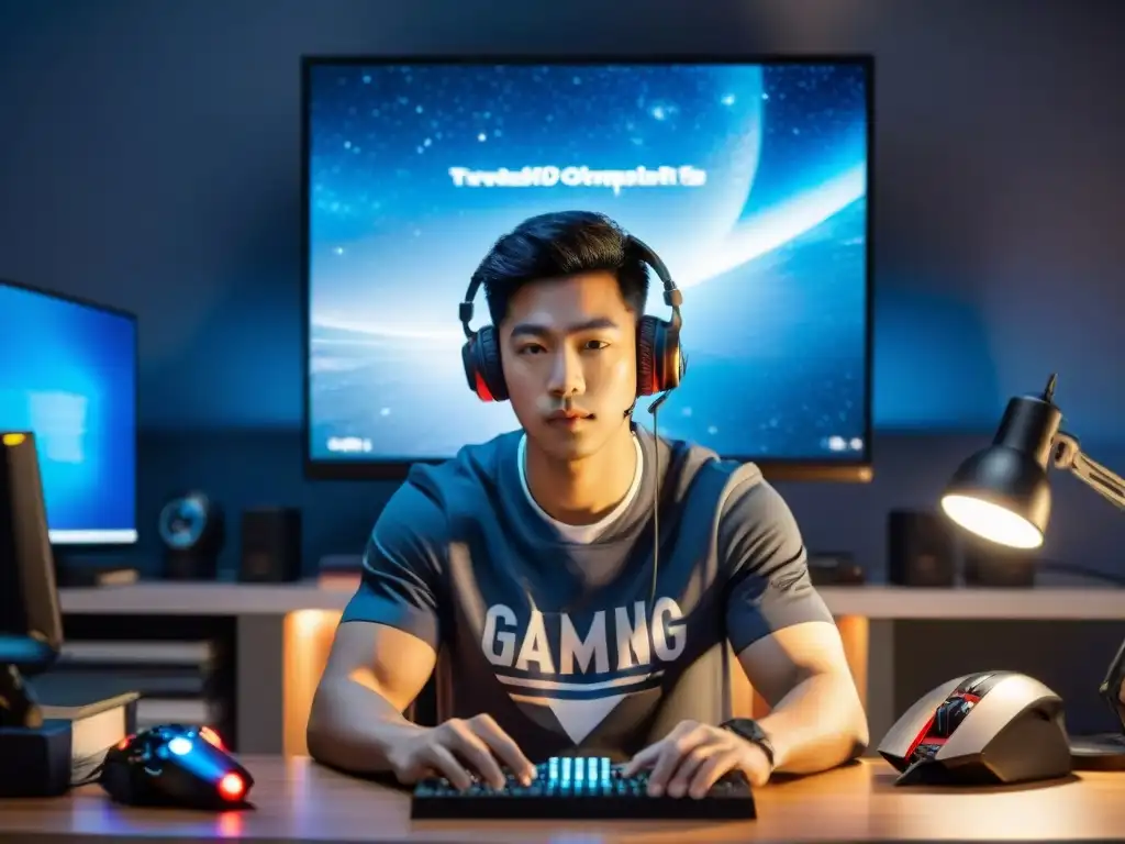 Jugador eSports concentrado en equilibrio vida personal, entre juegos y estudio en la noche estrellada