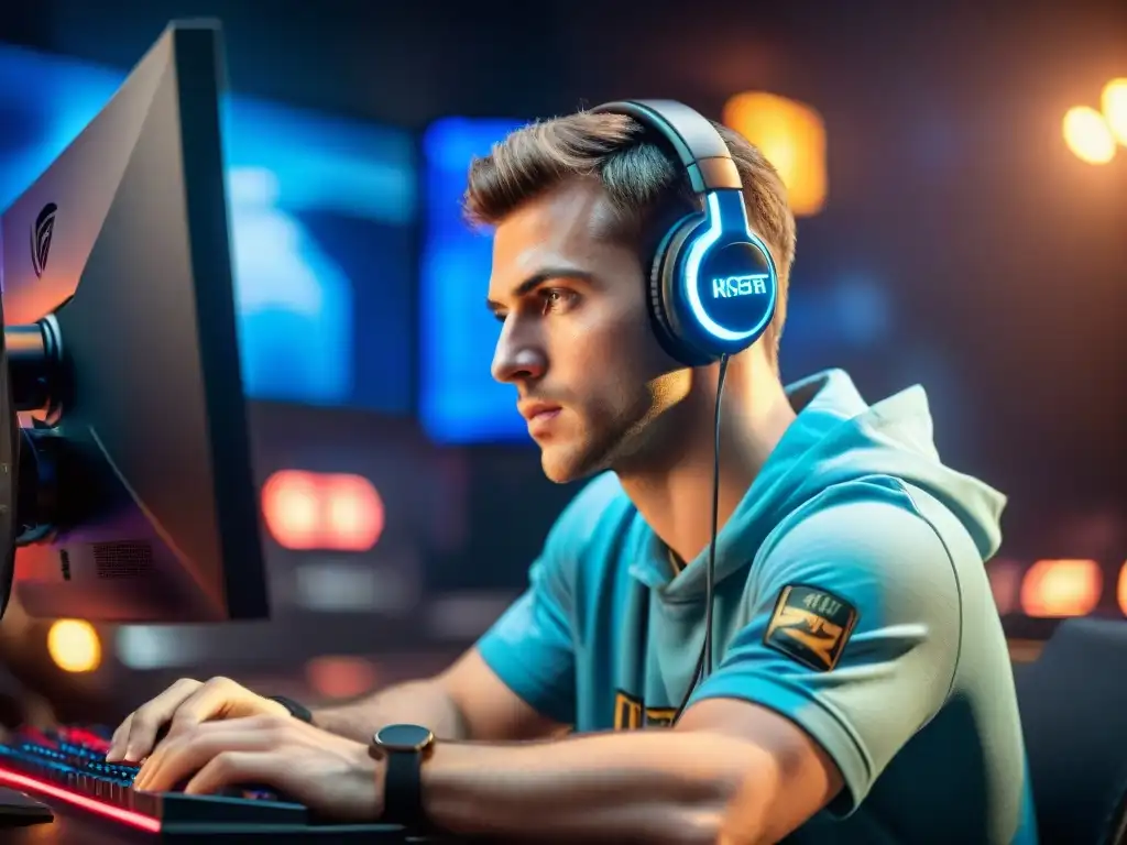 Un jugador de eSports concentrado frente a la pantalla, rodeado de equipo de gaming y pósters de campeones
