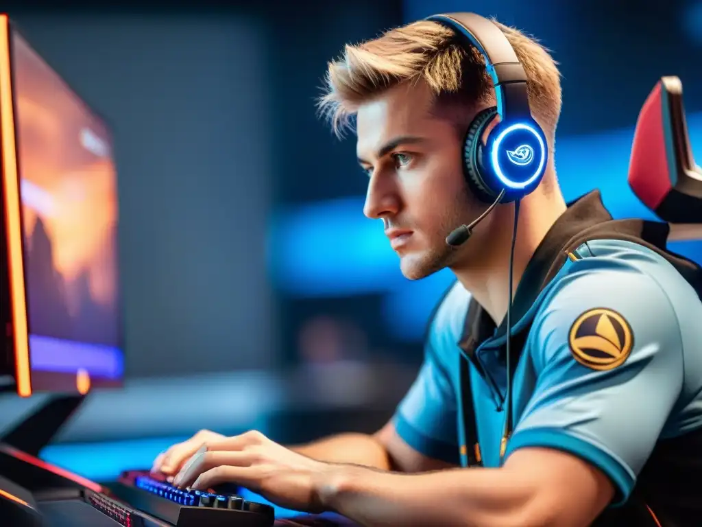 Un jugador de eSports concentrado frente a la pantalla, rodeado de tecnología, con la palabra clave 'Nutrición para gamers en eSports'