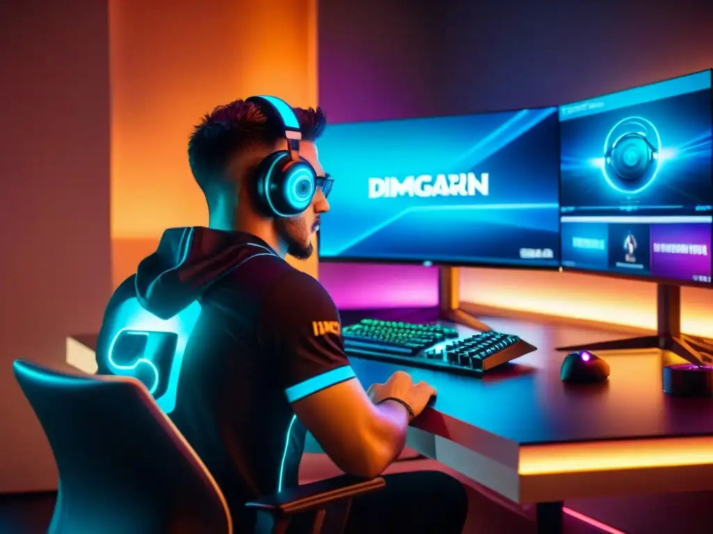 Un jugador de esports concentrado mejora habilidades videojuegos IA en una habitación futurista y vibrante