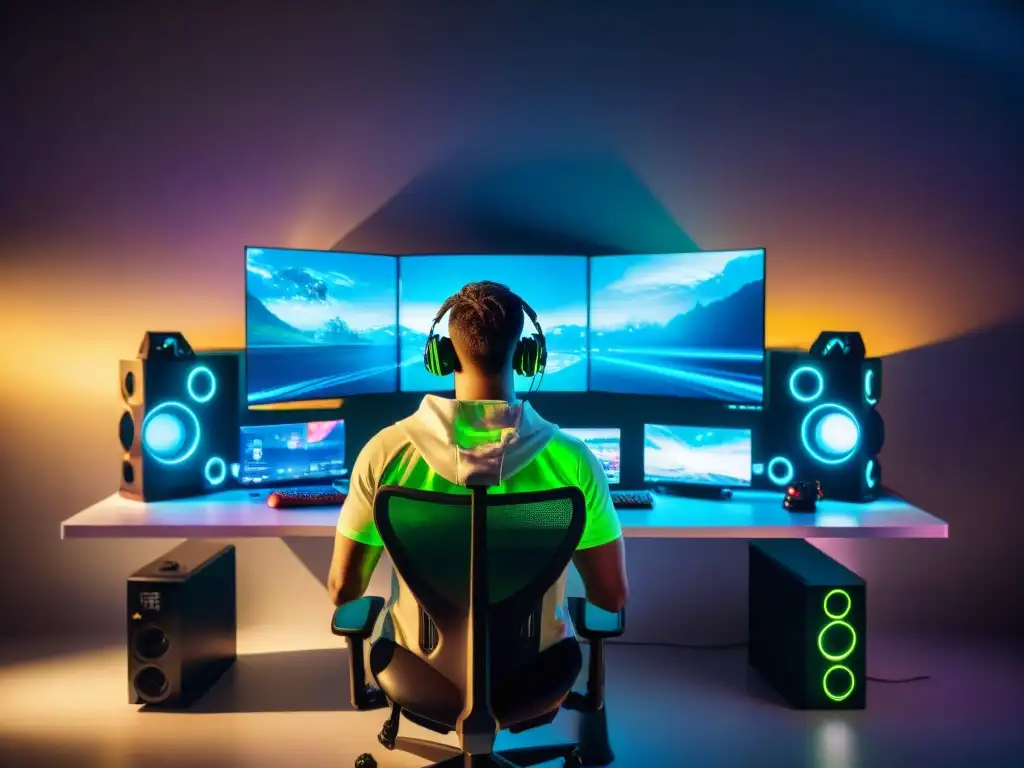 Un jugador de eSports concentrado en su habitación, rodeado de pantallas y accesorios de gaming