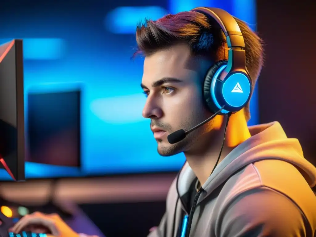 Un jugador de eSports concentrado en una intensa batalla virtual, mostrando el impacto de los eSports en la sociedad