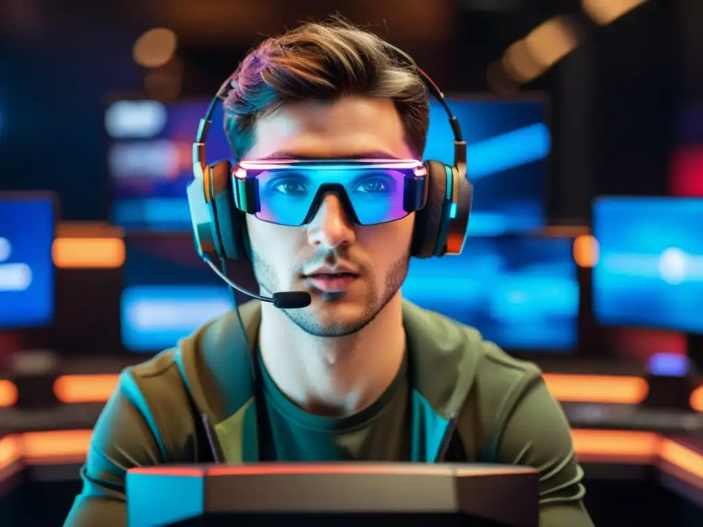 Jugador de esports concentrado en un intenso juego, con tecnología 5G y gráficos vibrantes reflejados en sus gafas