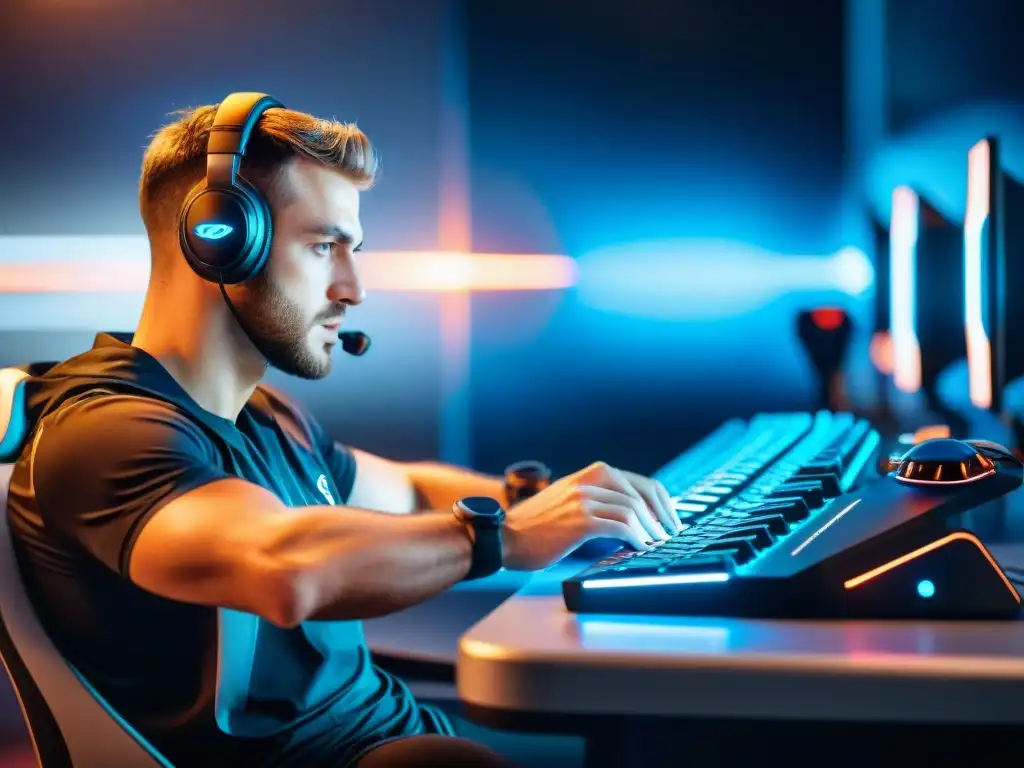 Un jugador de eSports concentrado en su juego, rodeado de un setup ergonómico y un fisioterapeuta mostrando consejos prevención lesiones eSports