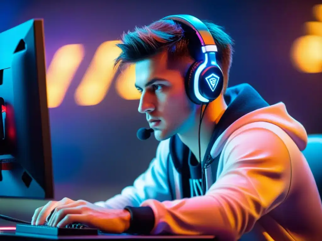 Un jugador de eSports concentrado con mentalidad ganadora, iluminado por la pantalla del juego