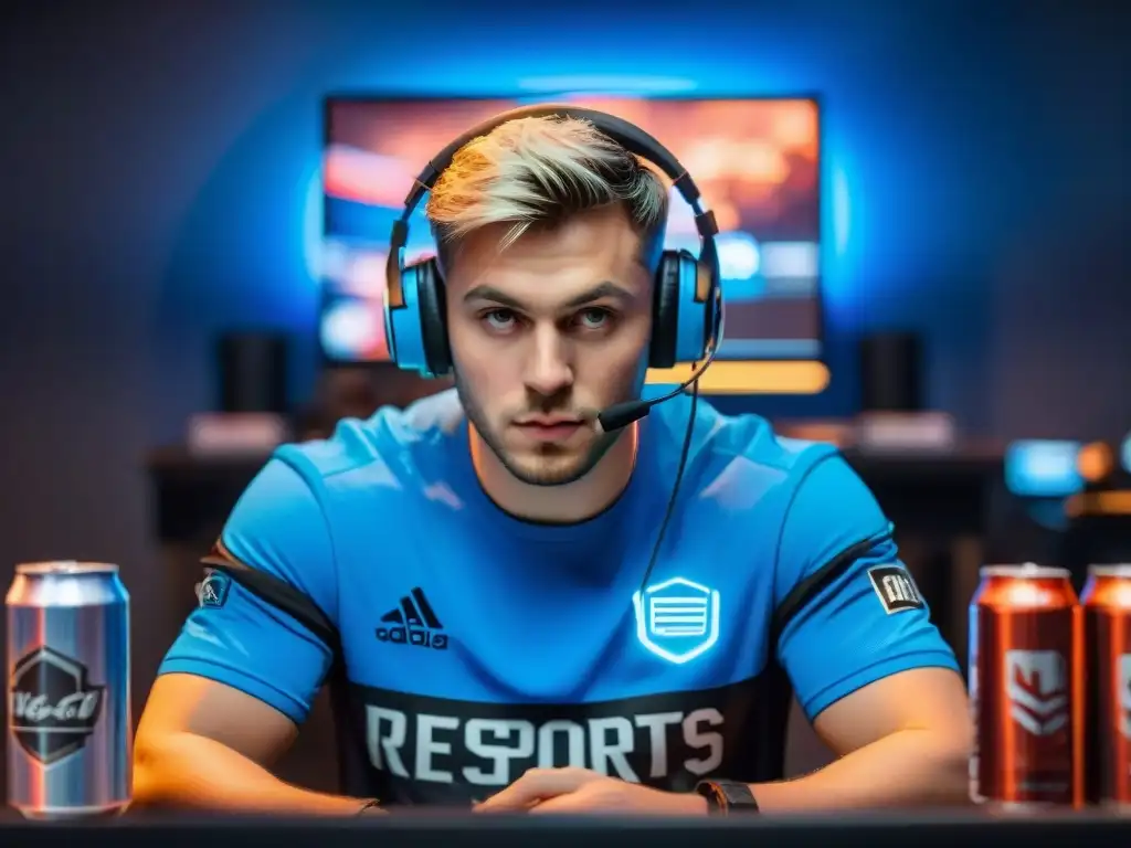 Jugador eSports concentrado en la noche, rodeado de desechos, reflejando la importancia del equilibrio vida-juego eSports