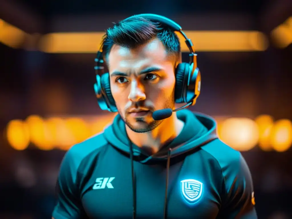 Jugador de eSports concentrado en pantalla, rostro determinado