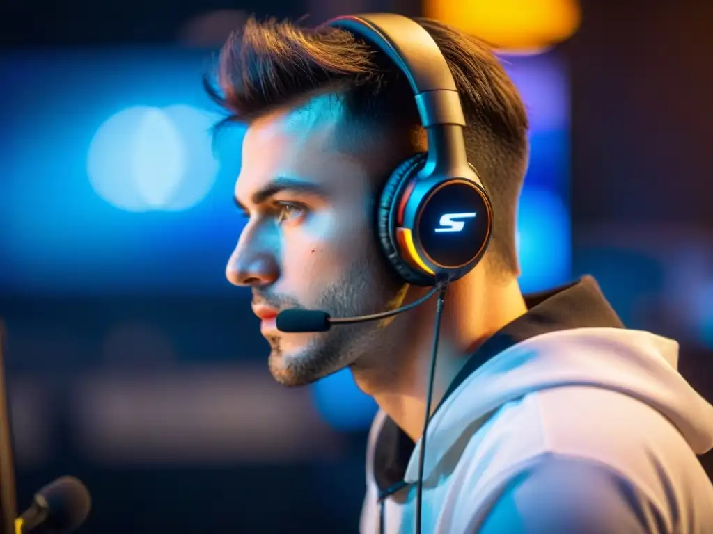 Jugador de eSports concentrado en pantalla, rodeado de tecnología, clave 'Desarrollo cognitivo en eSports'