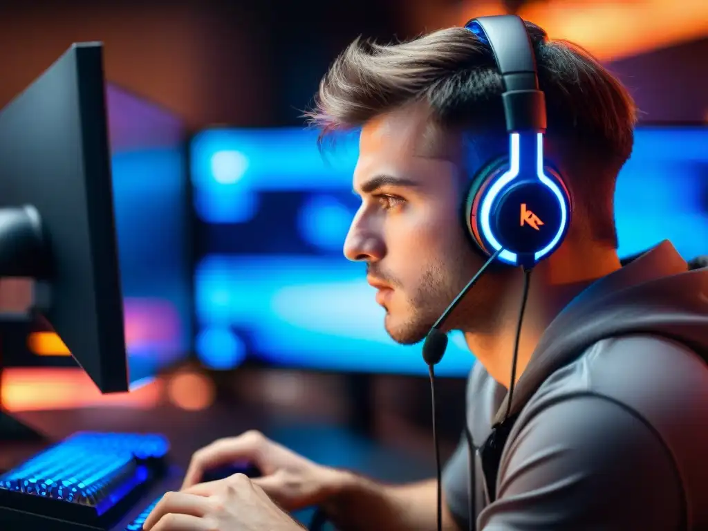 Un jugador de eSports concentrado en su preparación mental, con auriculares y mirada fija en la pantalla