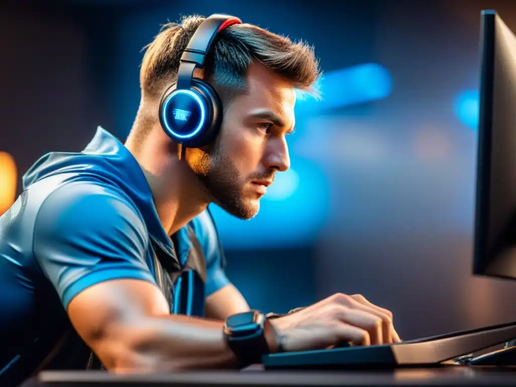 Jugador eSports concentrado, sudor en la frente, manos rápidas
