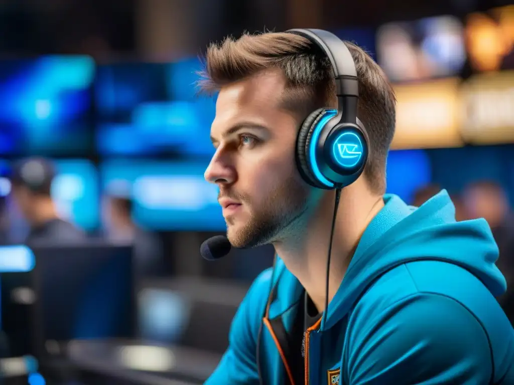 Profesional eSports: enfoque y determinación en torneo Un jugador de eSports concentrado en un torneo, rodeado de pantallas brillantes y fans emocionados
