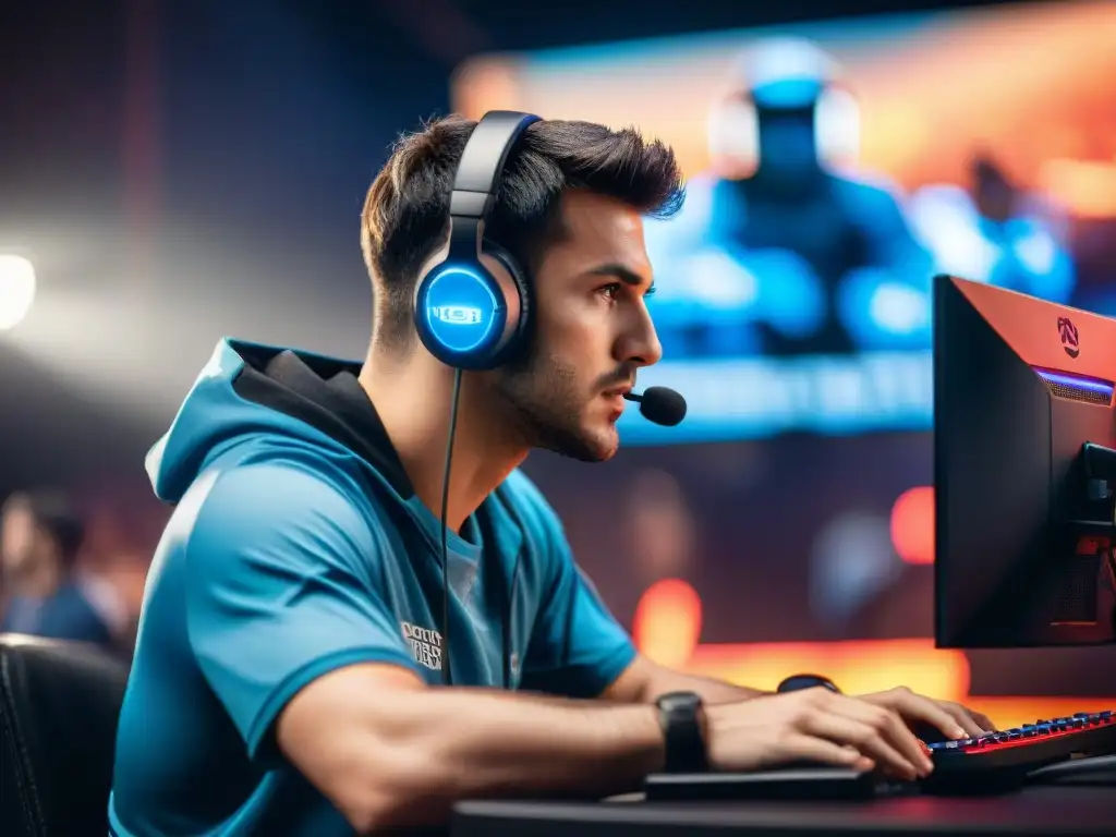 Un jugador de eSports concentrado durante un torneo de alto nivel, demostrando agilidad mental y estrategia