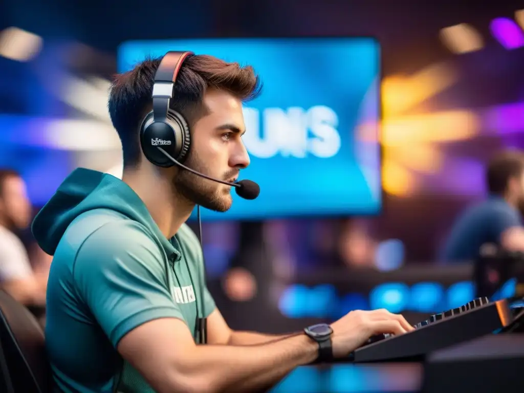 Un jugador de eSports concentrado en un torneo, reflejando emoción y estrategia