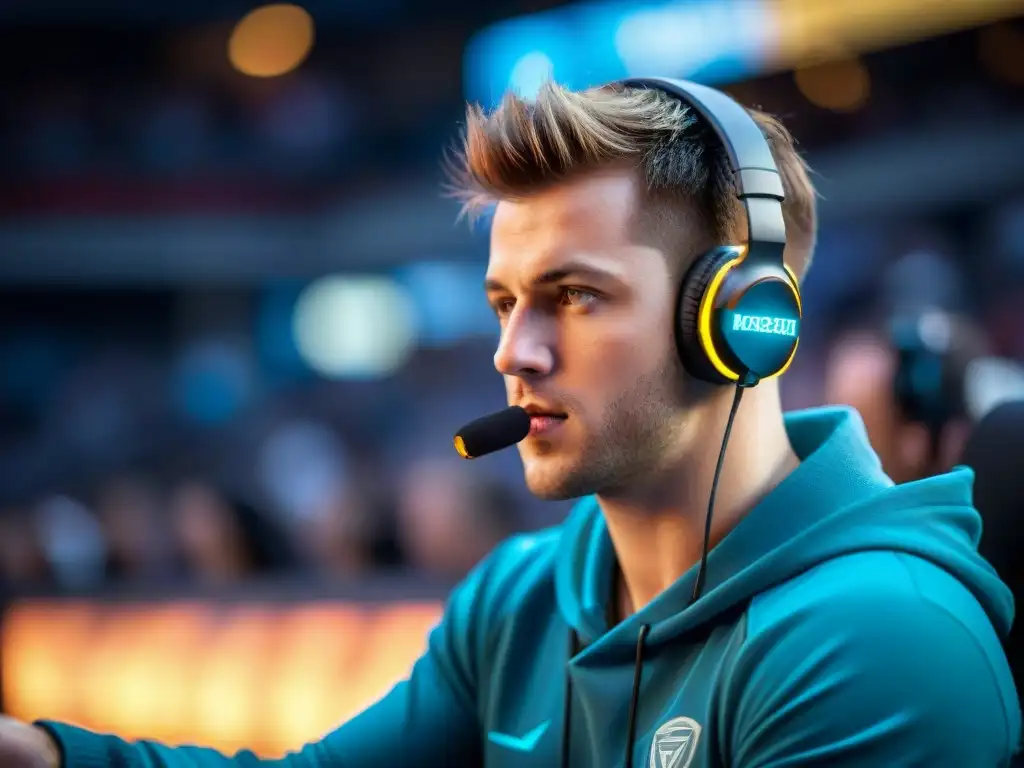 Jugador de eSports concentrado en torneo, con mentalidad y rendimiento, rodeado de aficionados emocionados en la arena