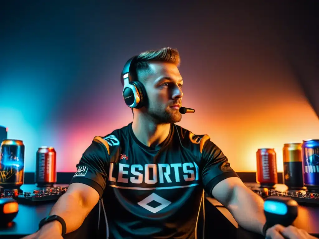 Un jugador de eSports en su habitación, rodeado de latas vacías y controles, refleja la importancia del equilibrio vida-juego eSports