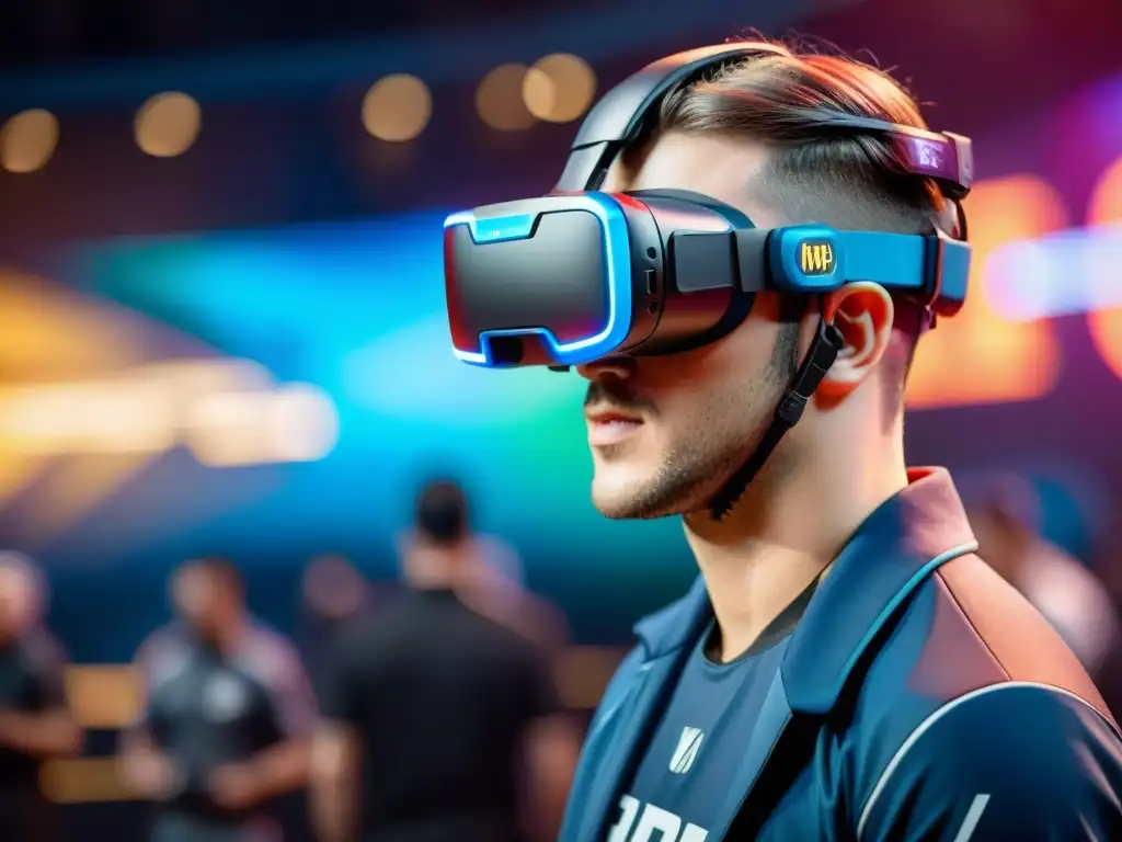 Jugador de esports inmerso en un futuro de Realidad Aumentada en vibrante arena de deportes electrónicos