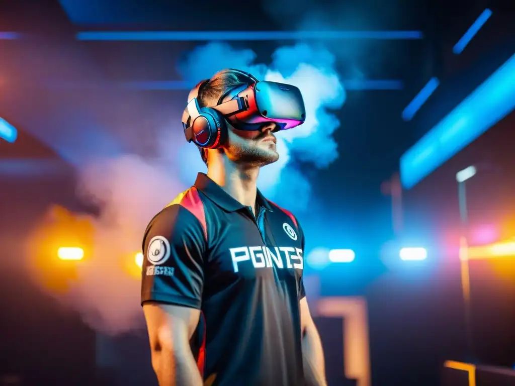 Jugador de esports inmerso en realidad virtual, concentración intensa y gráficos futuristas, impacto realidad virtual deportes electrónicos