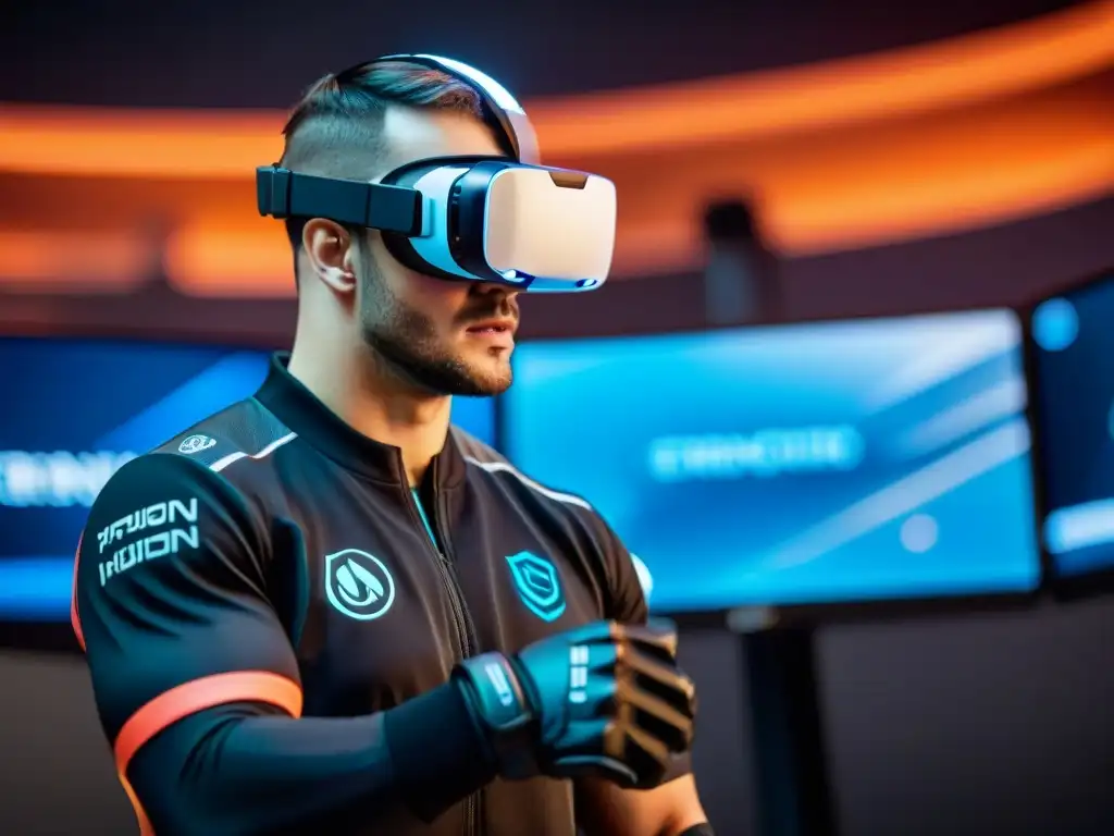 Un jugador de eSports inmerso en una simulación futurista, fusionando habilidad humana con Inteligencia Artificial