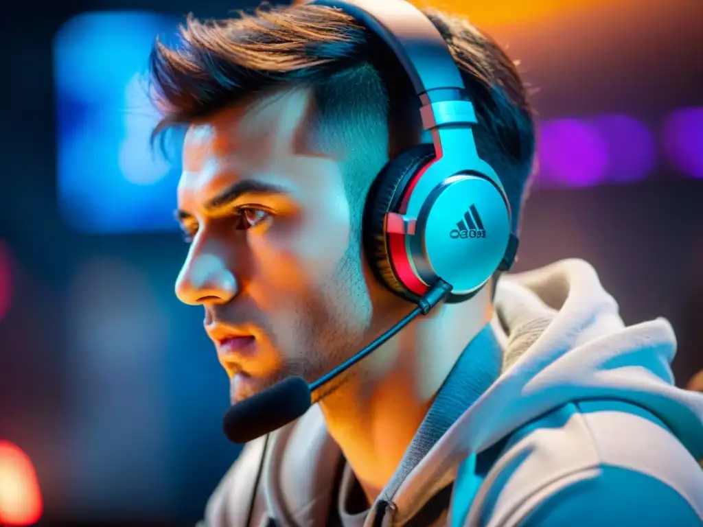 Un jugador de eSports concentradísimo en pantalla, con auriculares y mirada fija