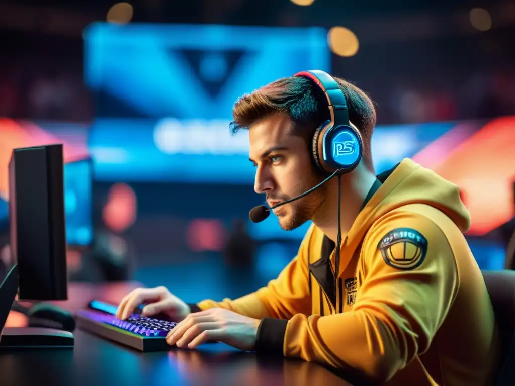 Concentración extrema: eSports en competencia Un jugador de eSports en plena concentración durante un campeonato, reflejando la importancia de la evolución en eSports