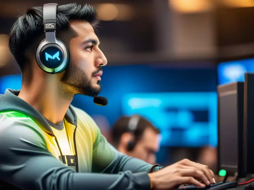 Un jugador de eSports en plena transformación durante un campeonato, con rostro concentrado y determinado