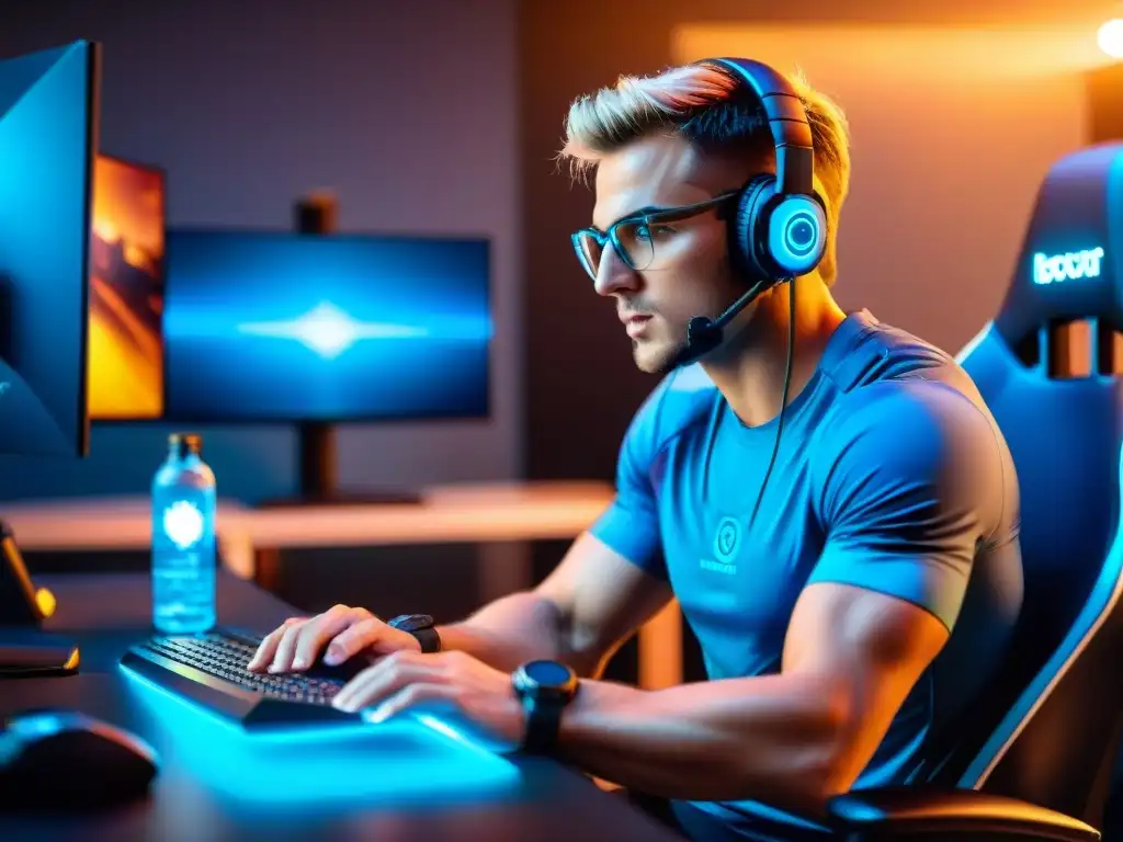 Un jugador de eSports profesional concentrado en su setup, rodeado de herramientas ergonómicas para prevenir problemas de salud jugadores eSports