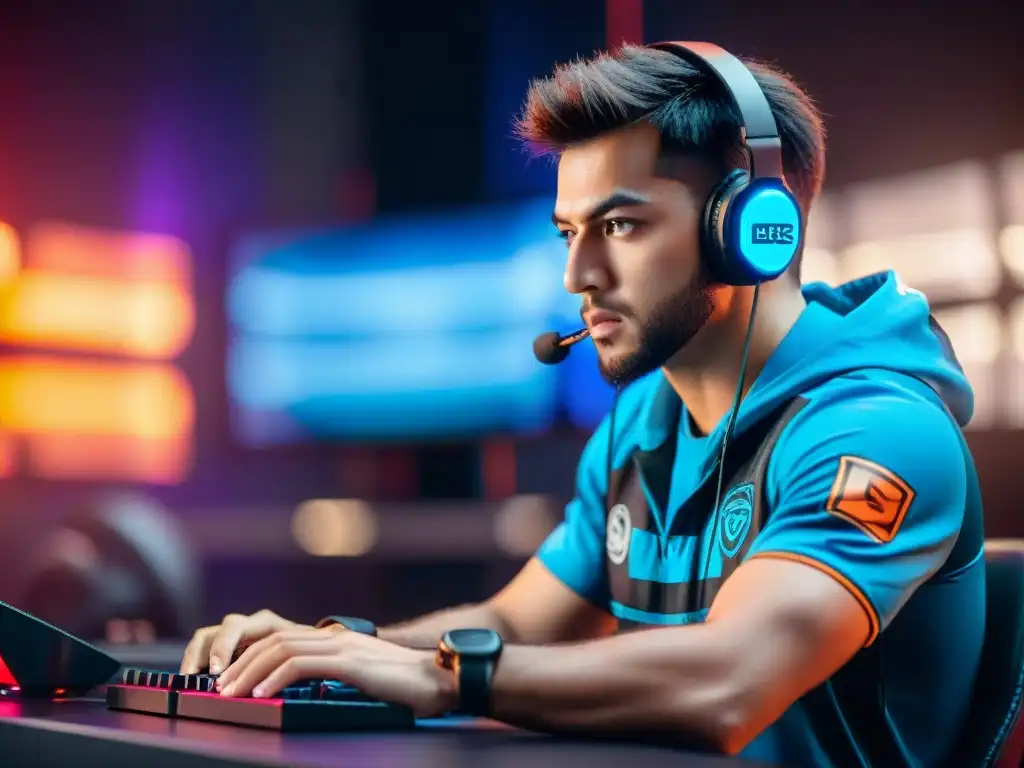 Un jugador eSports profesional concentrado en su pantalla, rodeado de luces LED coloridas