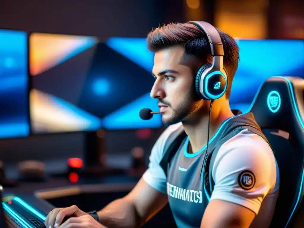 Un jugador de eSports profesional concentrado frente a múltiples pantallas, rodeado de tecnología avanzada