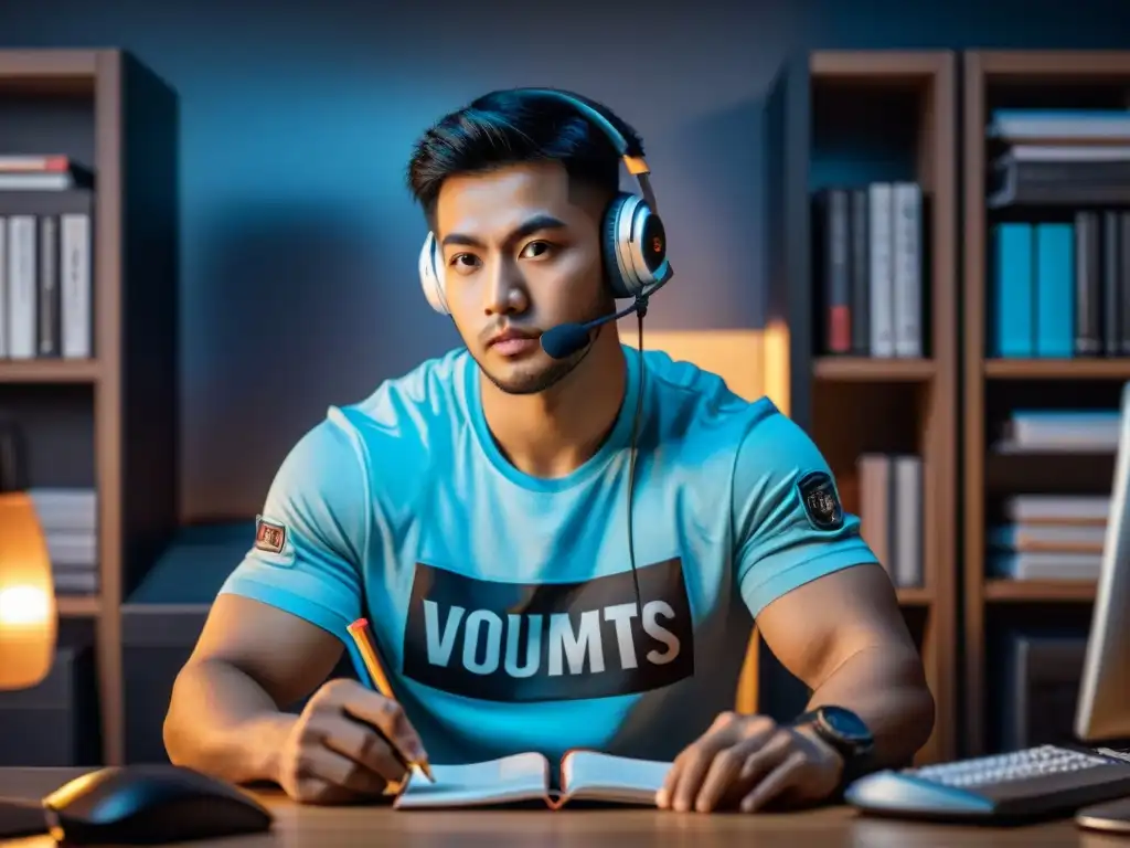 Un jugador de eSports profesional en equilibrio entre su vida personal, el estudio y el gaming, concentrado en su setup nocturno