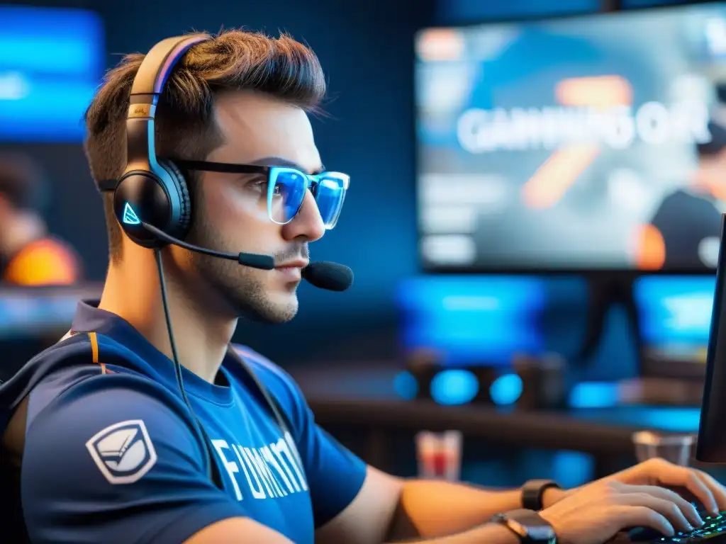 Un jugador de eSports profesional con gafas de luz azul, concentrado en un torneo, rodeado de recordatorios de hábitos saludables