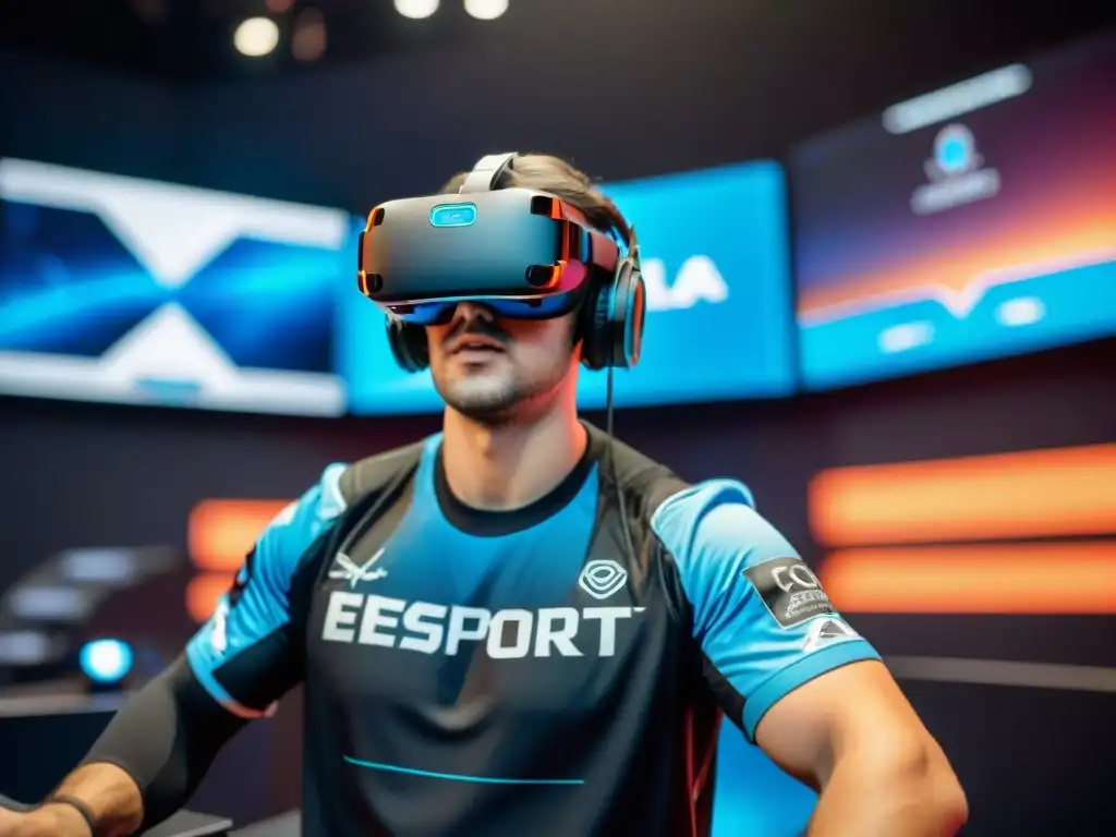 Un jugador de eSports profesional inmerso en una competencia de realidad virtual, rodeado de tecnología futurista holográfica