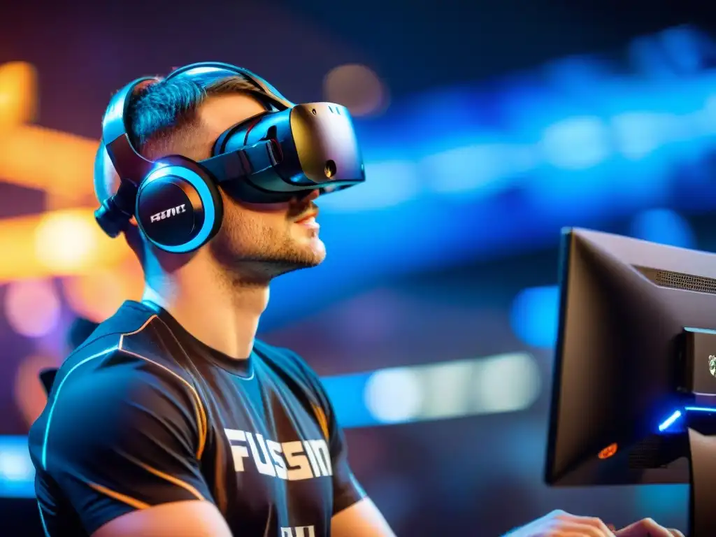 Un jugador de eSports profesional inmerso en un ambiente de juego futurista con mejoras tecnológicas en eSports