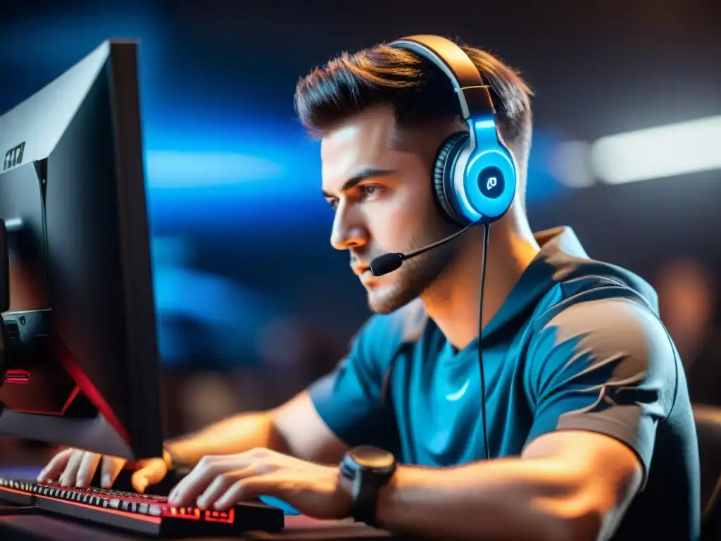 Un jugador de eSports profesional se enfoca intensamente en el juego, reflejando gráficos en sus ojos, mostrando la mentalidad ganadora en eSports