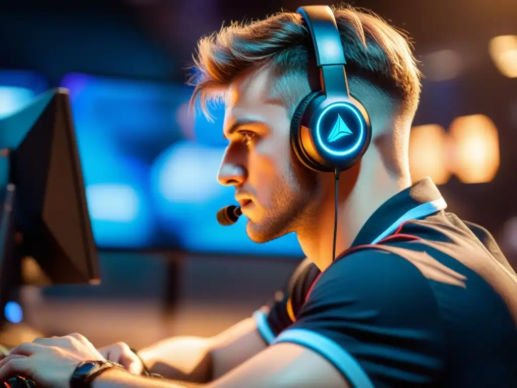 Un jugador de eSports profesional en pleno entrenamiento mental, concentrado en su adversario paso a paso
