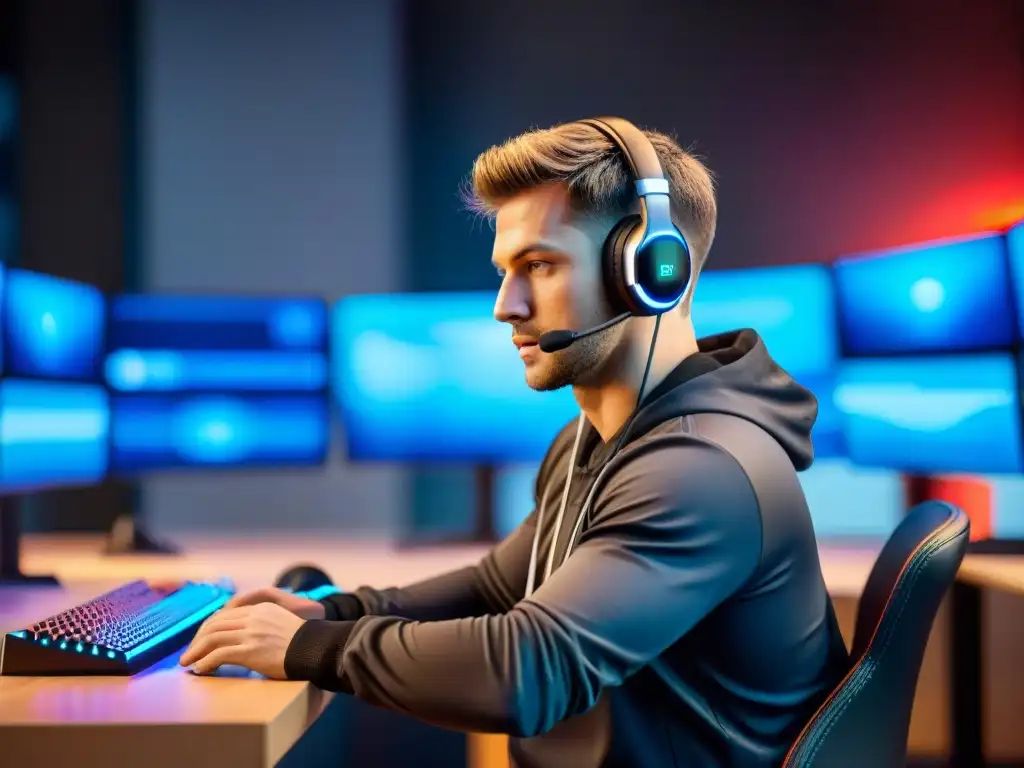 Gamers del futuro: entrenamiento de eSports de última generación Un jugador de eSports profesional se entrena rodeado de tecnología avanzada y equipos de juego, destacando la importancia de la evolución en eSports