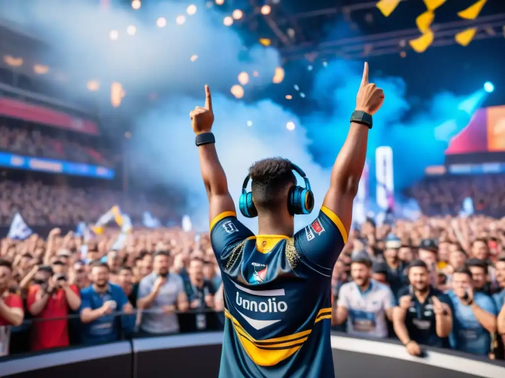 Jugador de eSports celebra victoria en el escenario, rodeado de multitud emocionada con banderas de equipos