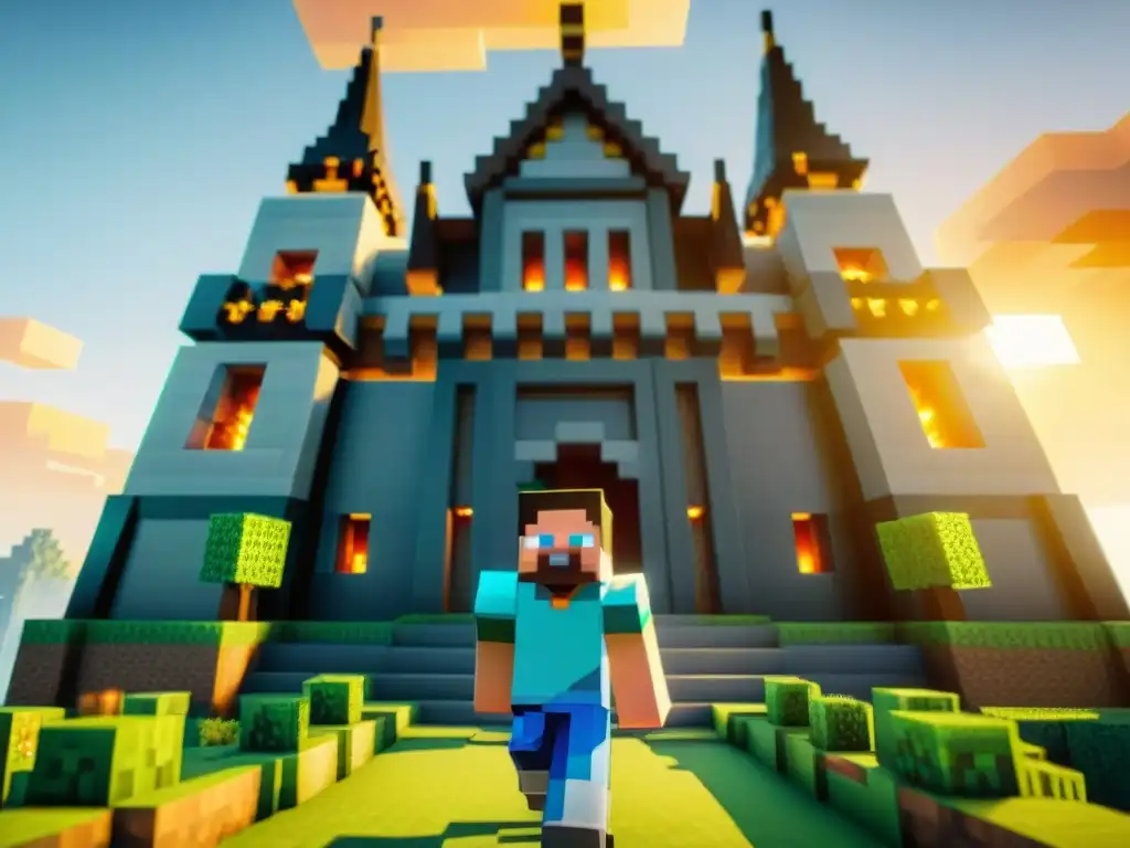 Un jugador de Minecraft experto construye un castillo detallado al atardecer