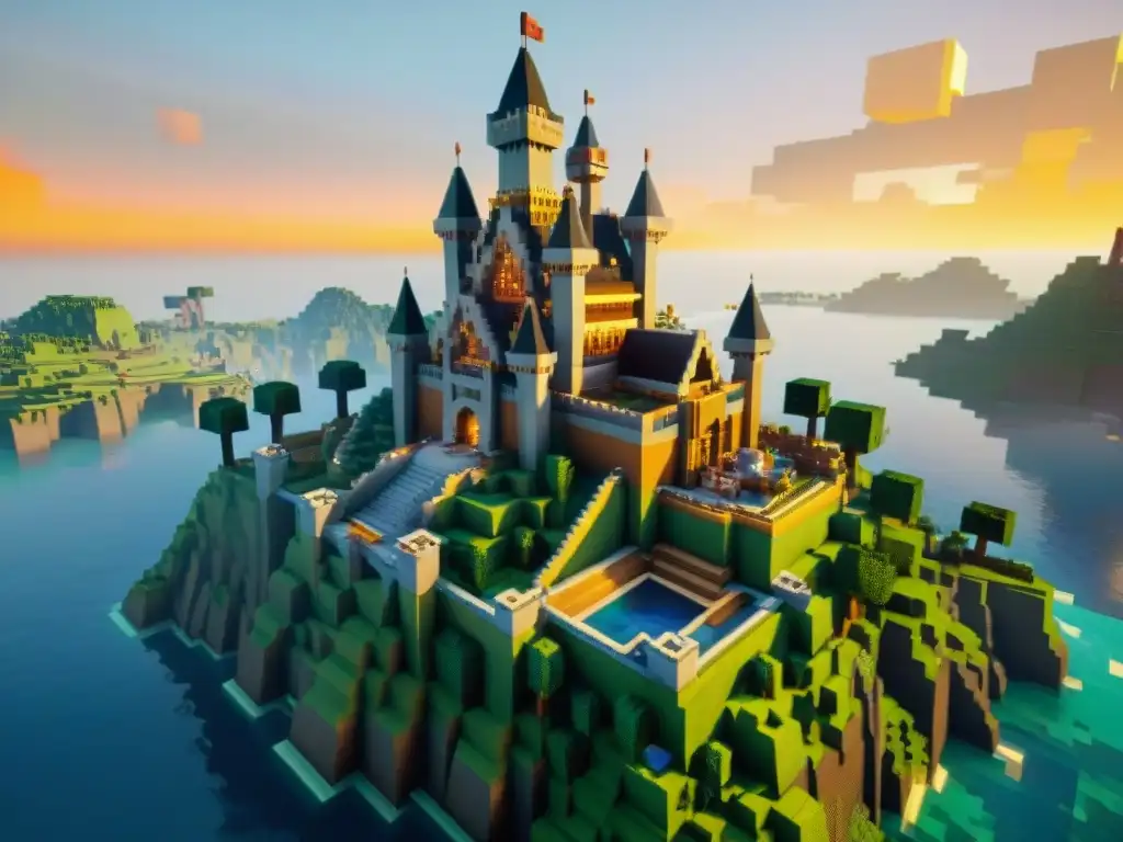 Un jugador experto de Minecraft construye un castillo elaborado con técnicas avanzadas al atardecer