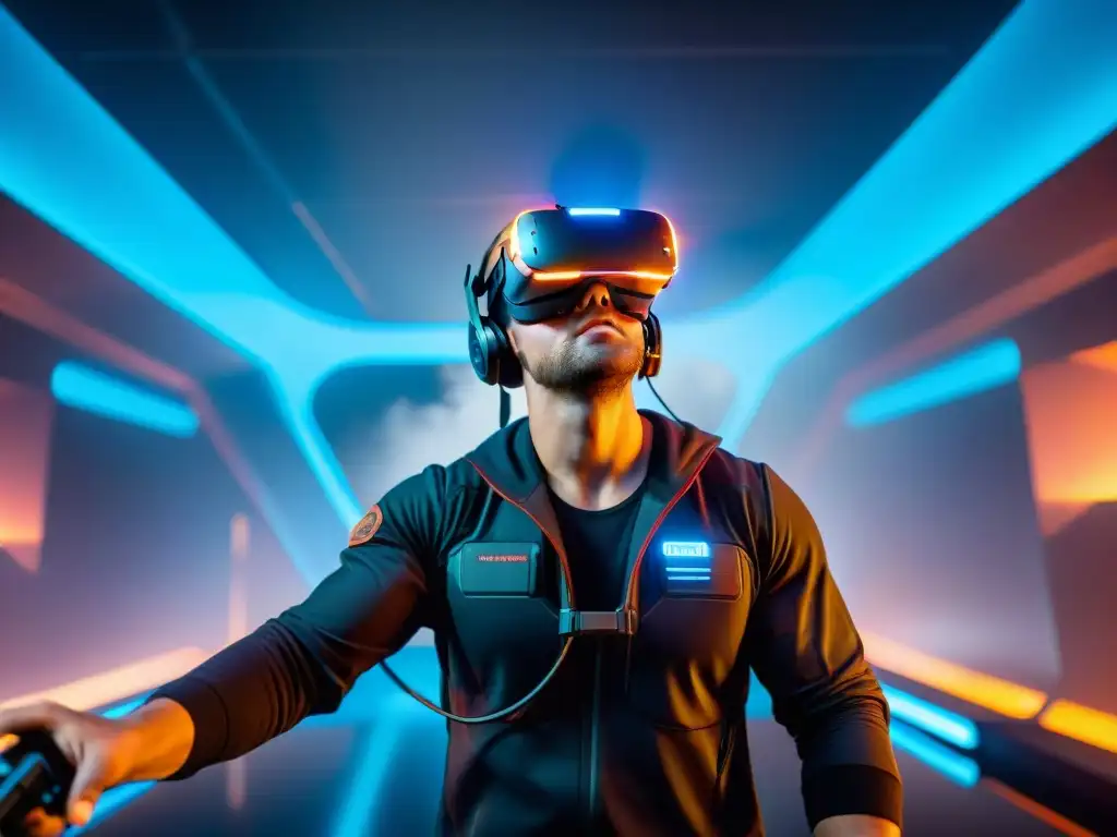 Jugador VR experto en Space Pirate Trainer: agilidad y precisión en acción Jugador VR experto esquivando fuego enemigo y apuntando con precisión en Space Pirate Trainer