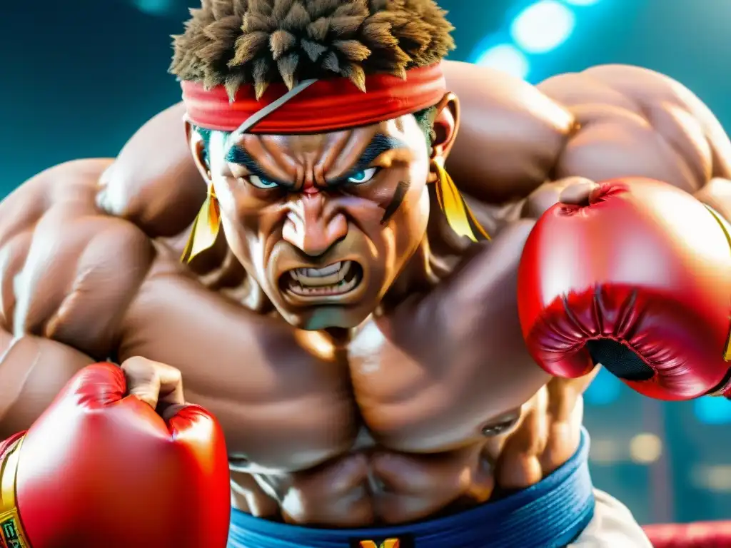 Combate intenso: Concentración extrema en Street Fighter V Jugador experto de Street Fighter V ejecutando impecables técnicas en intensa partida